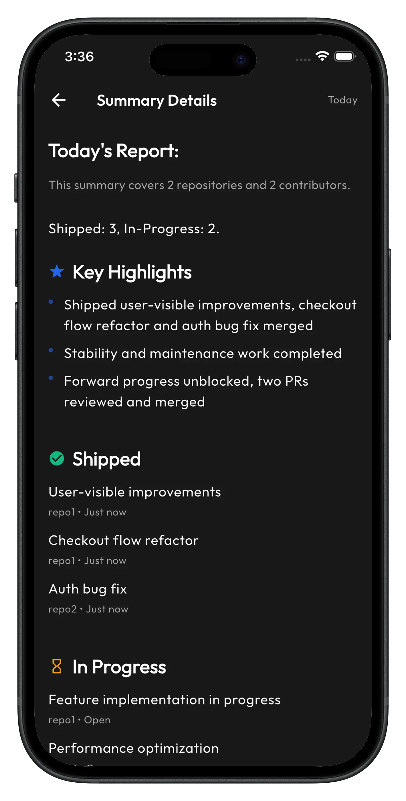 Comanajer Detailed Summary Screen with PR and issue breakdown