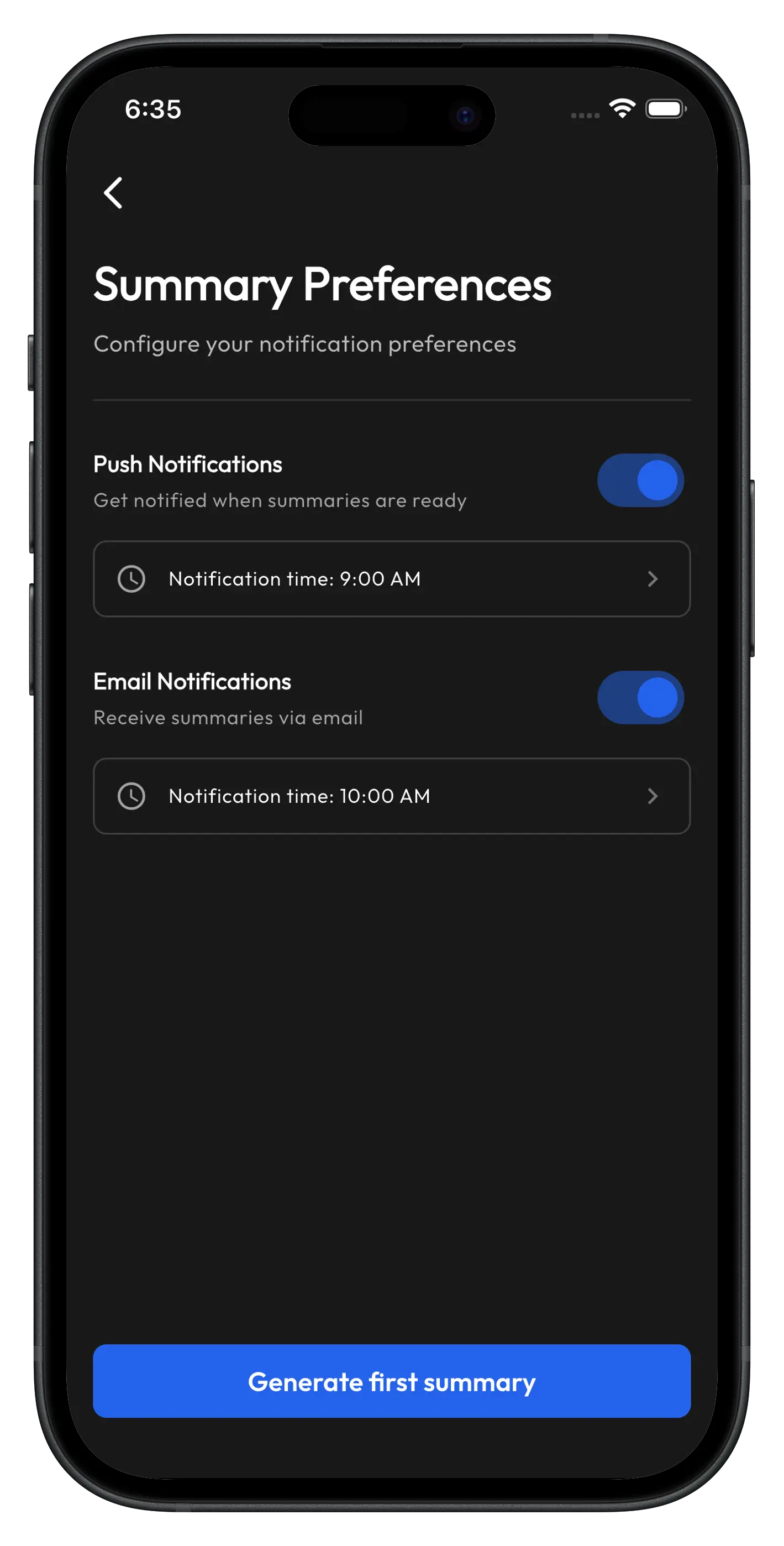 Comanajer Preferences Screen with notification settings