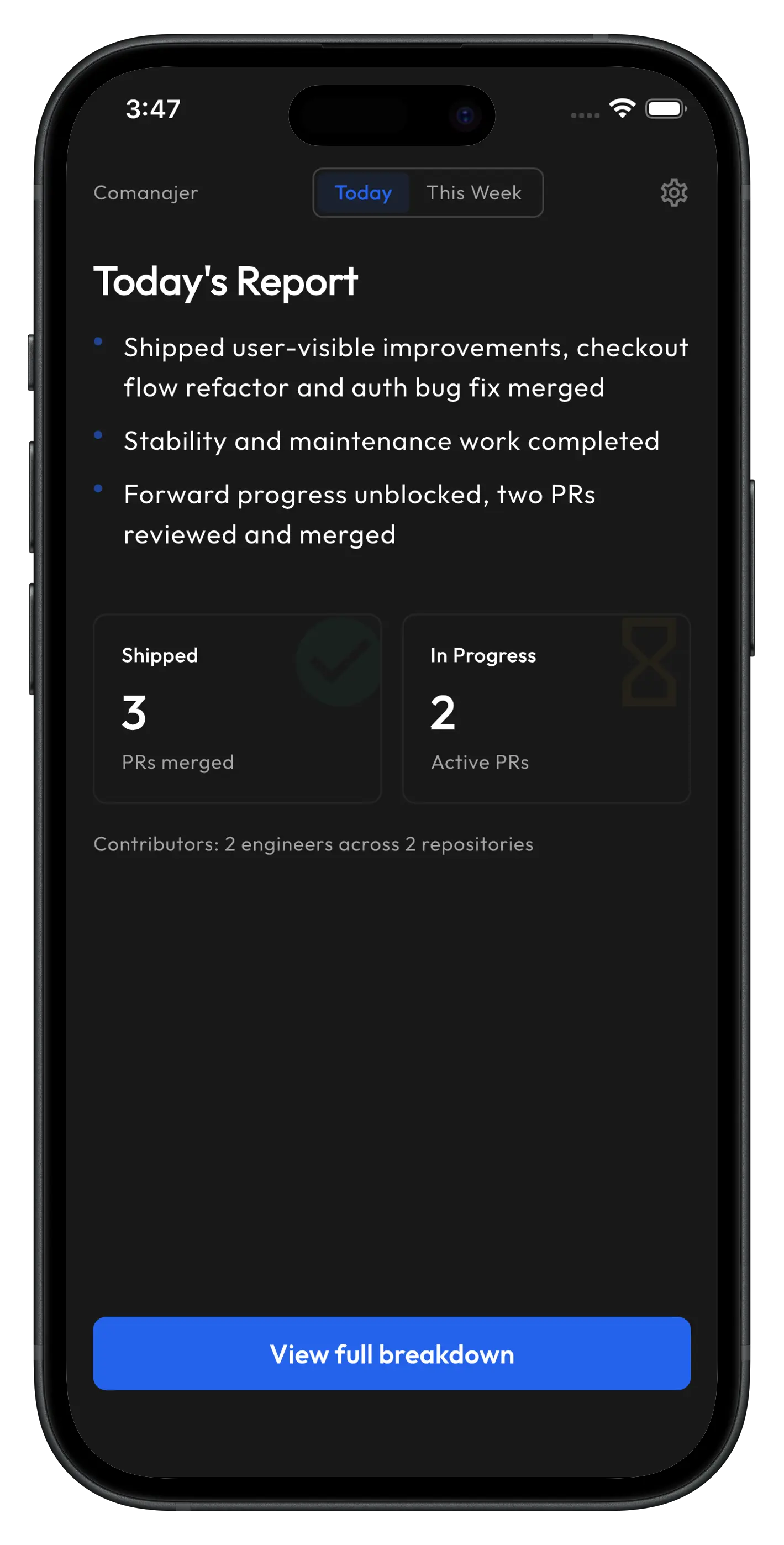 Comanajer Executive Report Screen showing daily summary of engineering progress